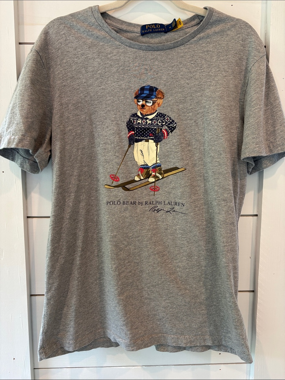 Polo by Ralph Lauren Gray Tee with Skiing Polo Bear Graphic Medium Man